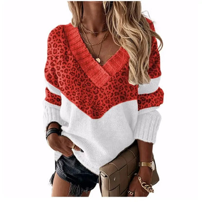 Rocio® | V-neck leopard sweater with color blocks