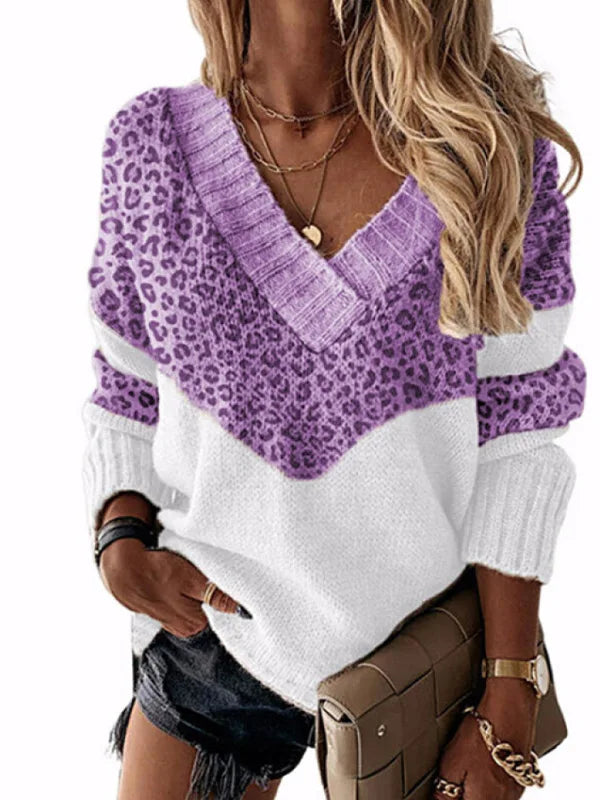 Rocio® | V-neck leopard sweater with color blocks