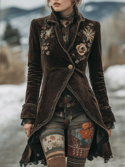 Bohemian Romance Brown Floral Embroidered Suede Jacket