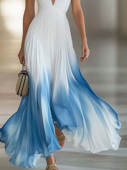 【24-hour shipping out】Elegant And Flowing V-Neck Pleated Chiffon Blue Gradient White Maxi Dress