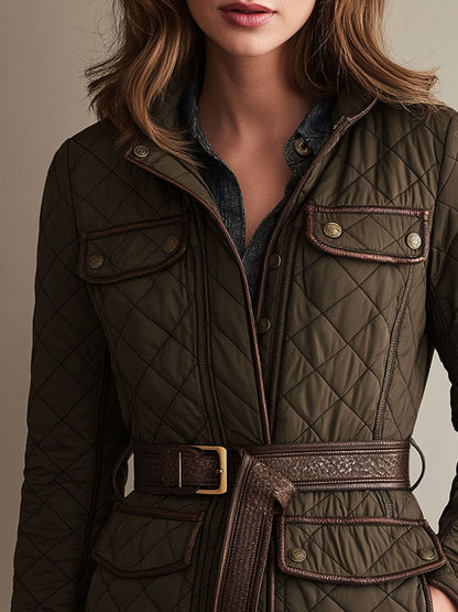 Retro Olive Green Diamond-quilted Padded Jacket