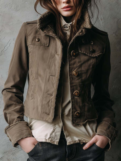 Vintage Military-Inspired Cropped Jacket With Shearling Collar