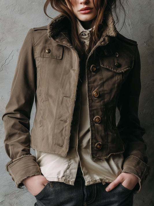 Vintage Military-Inspired Cropped Jacket With Shearling Collar
