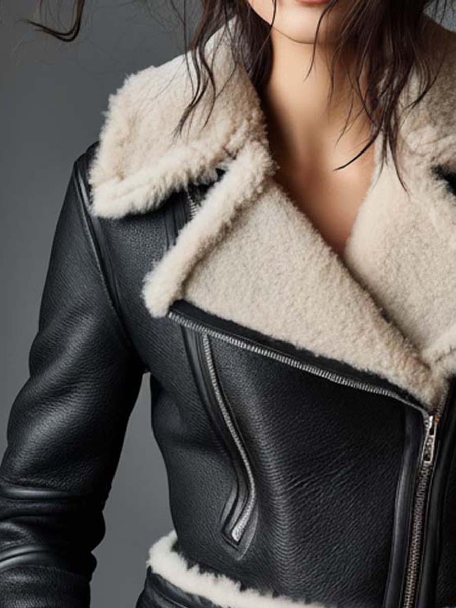 Faux Shearling Biker Jacket With Belted Cuffs