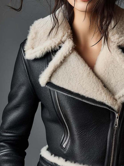 Faux Shearling Biker Jacket With Belted Cuffs