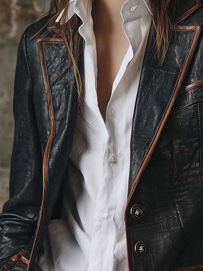 Vintage Black Eco Leather Blazer With Contrast Trim