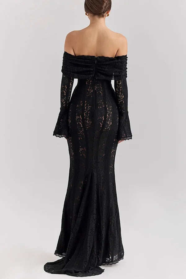 Leila® | Off Shoulder Floral Lace Flared Sleeve Fishtail Maxi Dress - White