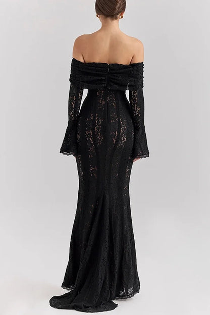 Leila® | Off Shoulder Floral Lace Flared Sleeve Fishtail Maxi Dress - White