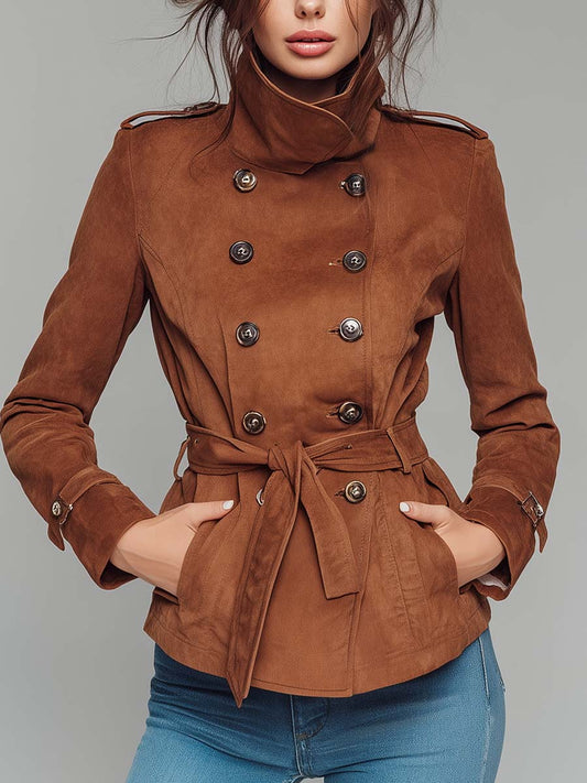 Vintage Brown Microsuede Belted Trench Coat