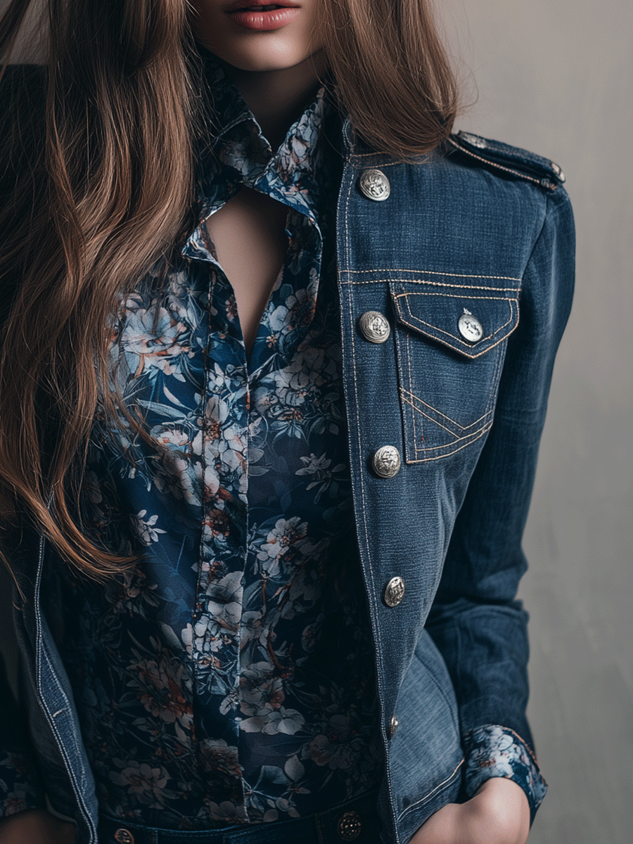 Vintage Wash Denim Military Inspired Gold Buttons Jacket