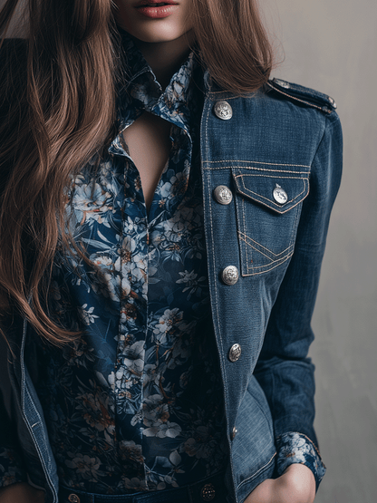 Vintage Wash Denim Military Inspired Gold Buttons Jacket