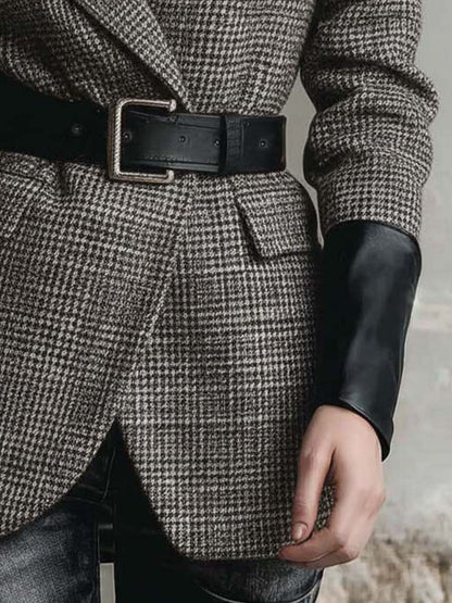 Vintage Plaid Wool Blazer With Leather Cuffs And Belt