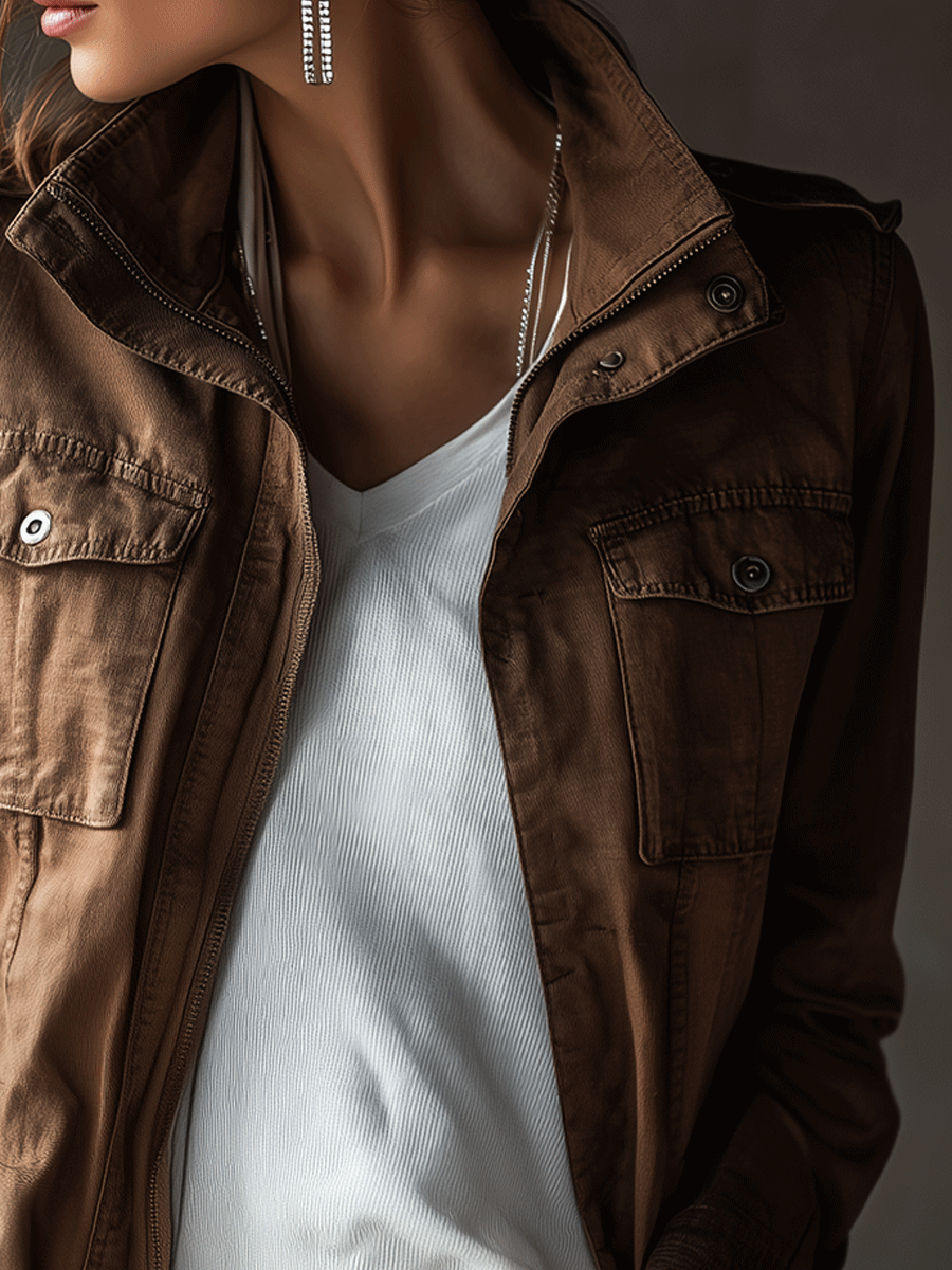 Retro Casual Military-Inspired Brown Cotton Jacket