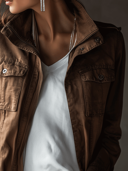 Retro Casual Military-Inspired Brown Cotton Jacket