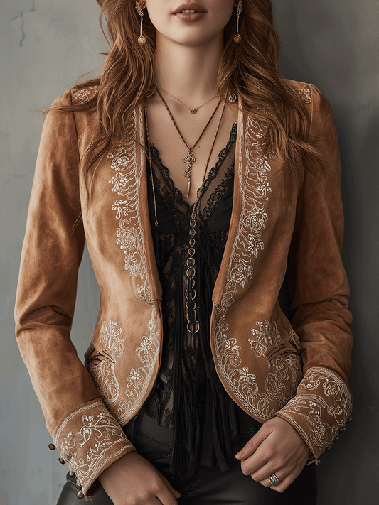 Boho Chic Caramel Embroidered Velvet Jacket