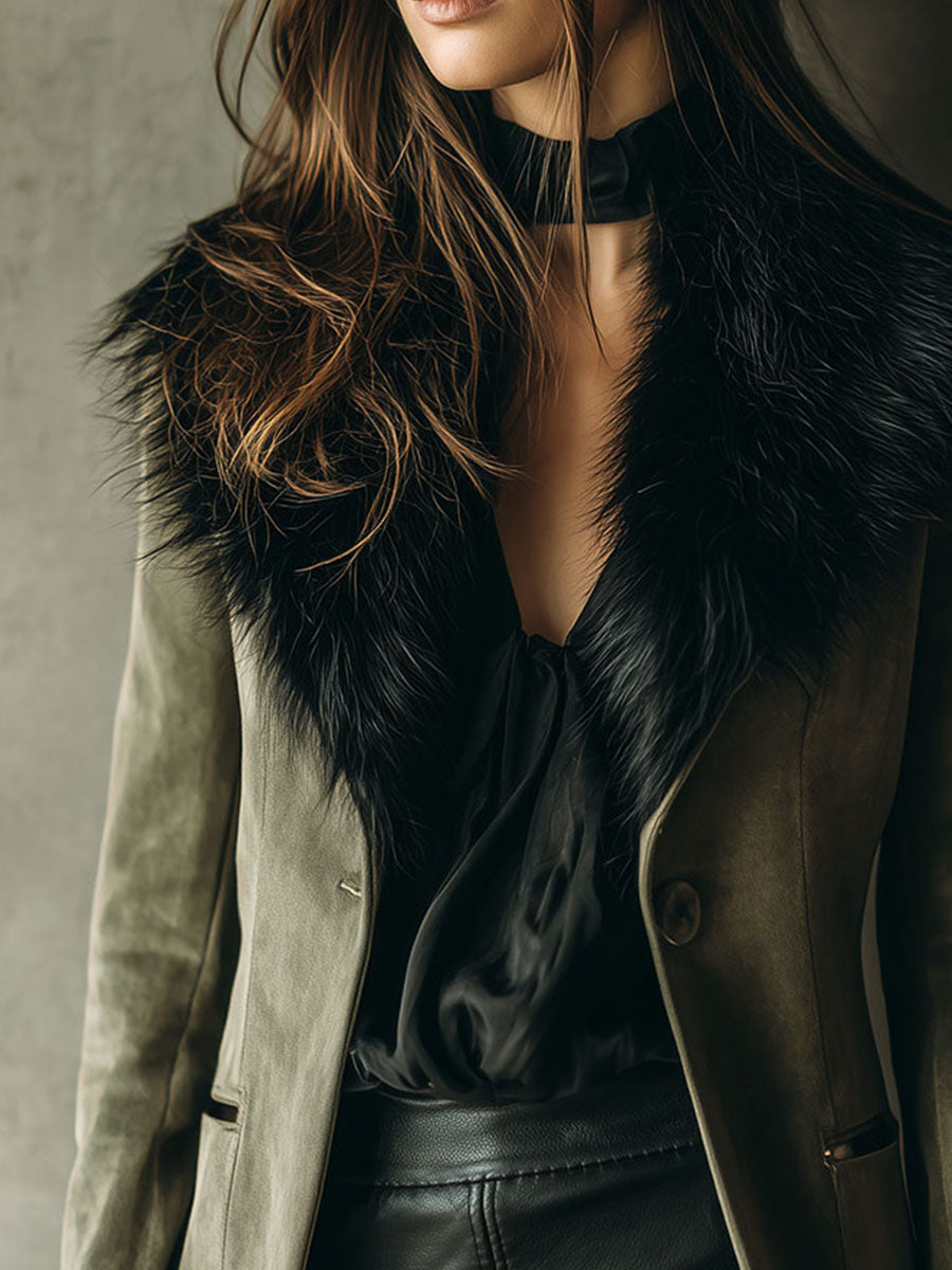 Vintage Olive Microsuede Jacket With Eco Fur Collar