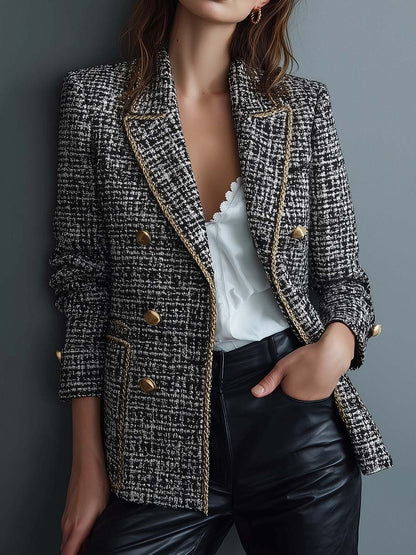Tweed Double-Breasted Blazer With Gold Trim