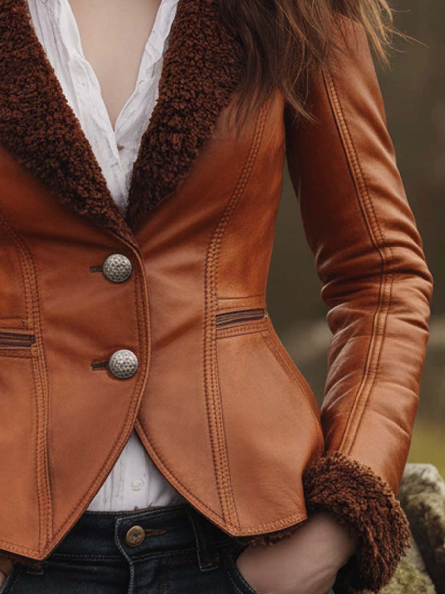 Vintage Shearling-Trim Fitted Leather Blazer