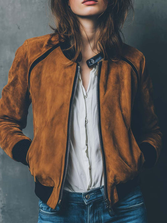 Vintage Caramel Suede Bomber Jacket With Contrast Trim