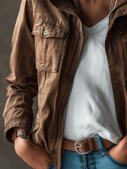 Retro Casual Military-Inspired Brown Cotton Jacket