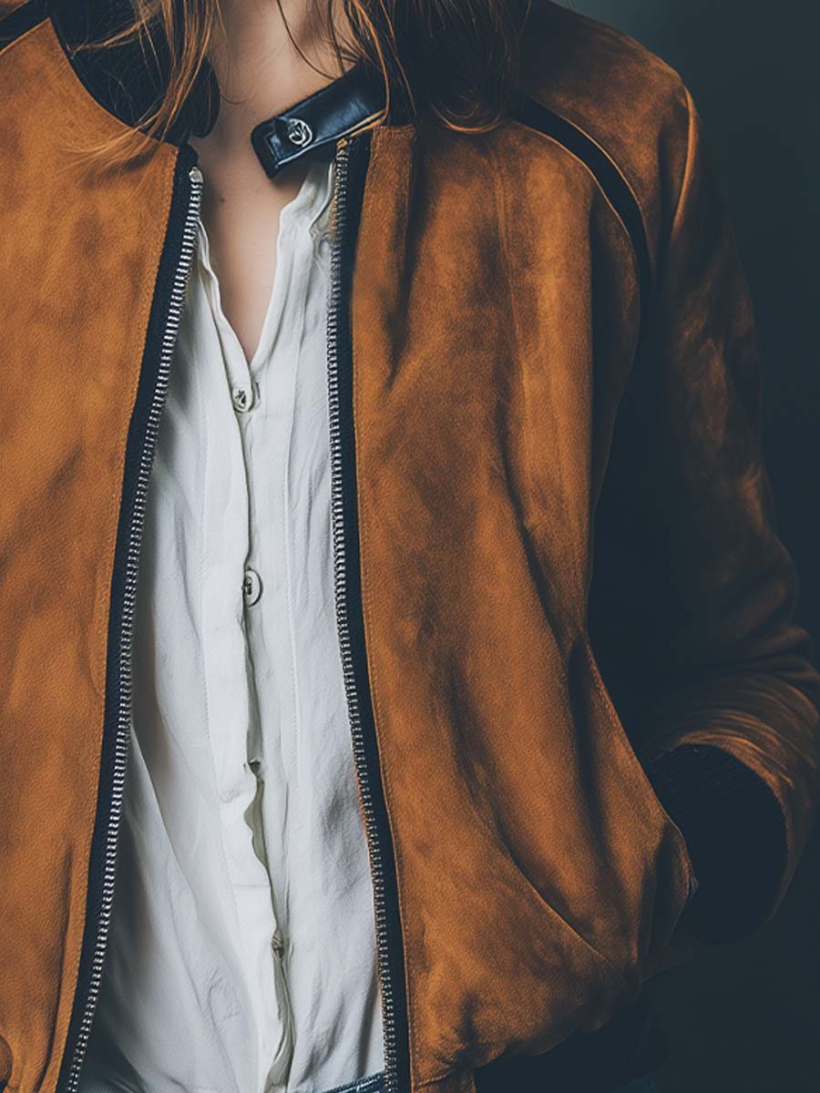 Vintage Caramel Suede Bomber Jacket With Contrast Trim