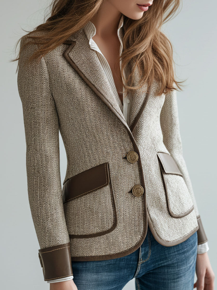 Vintage Herringbone Tweed Eco Leather Trim Tailored Jacket