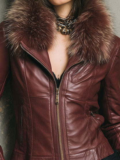 Retro Burgundy Eco Leather Jacket With Detachable Eco Fur Collar