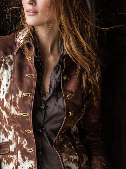 Vintage Button Cow Skin Printed Faux Suede Jacket