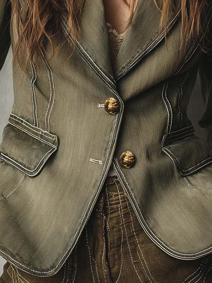 Vintage Olive Green Utility Blazer With Contrast Stitching