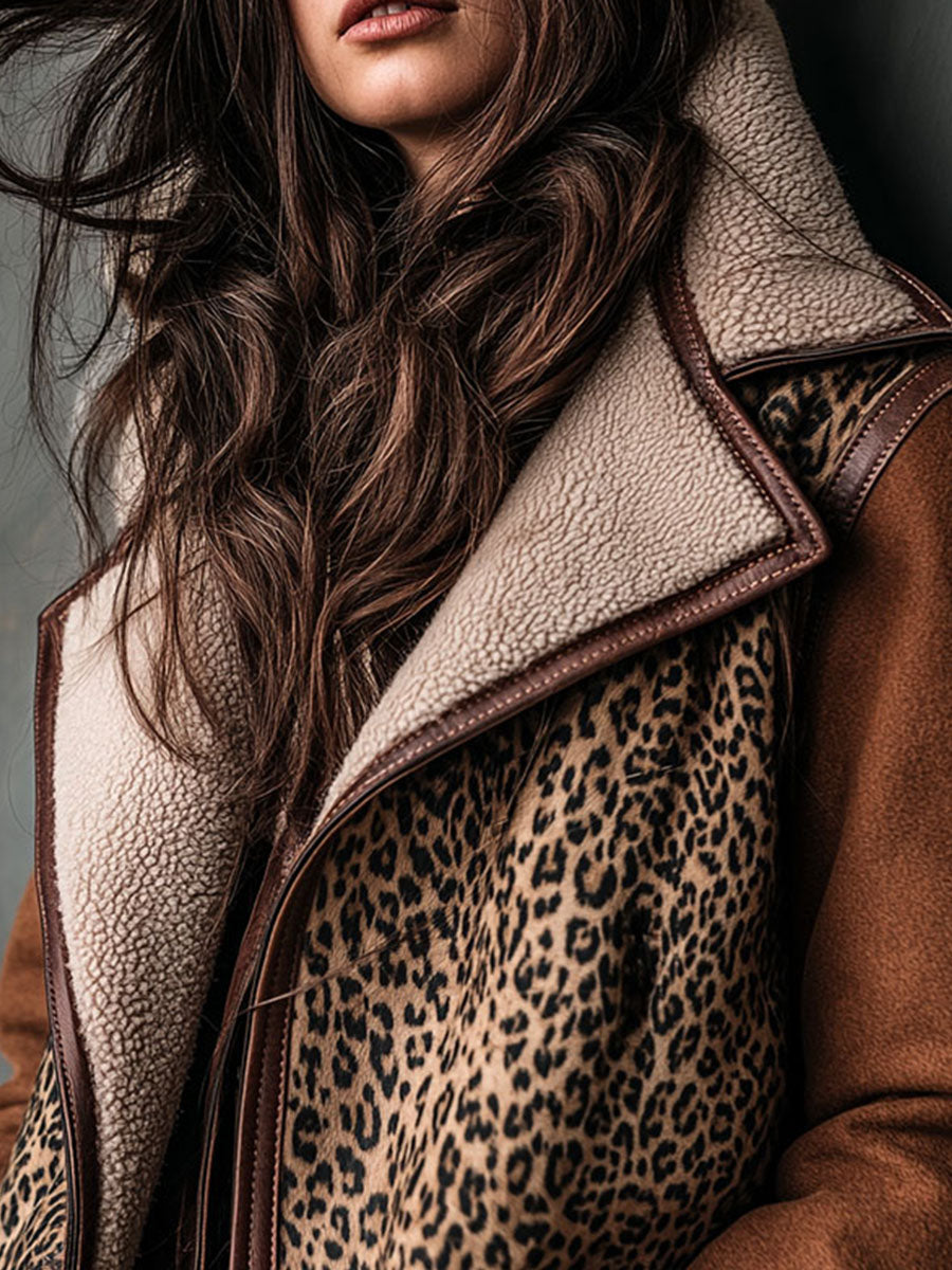 Brown Microsuede Leopard Print Shearling Jacket With Leather Trim