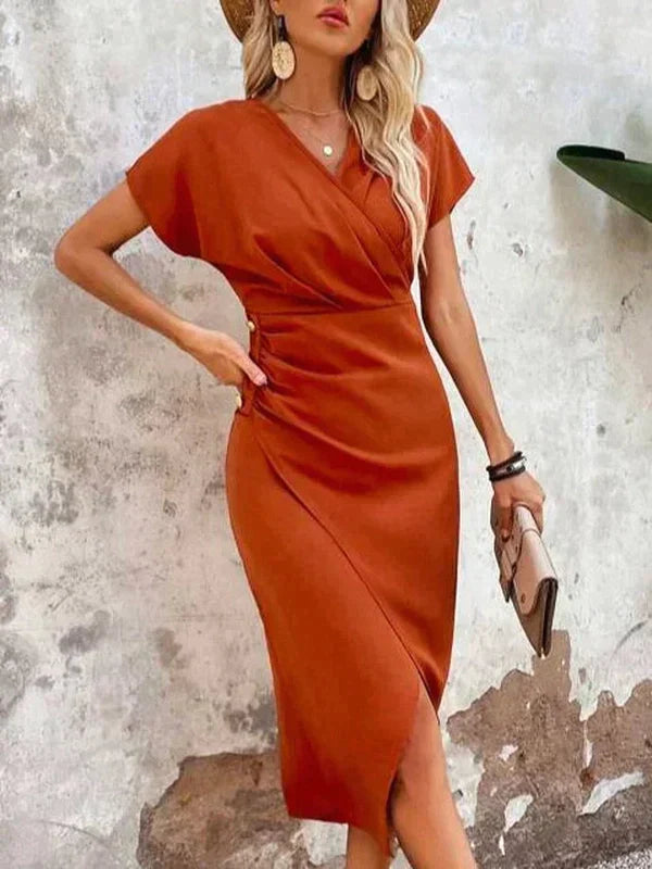 Patricia® | Orange midi dress with V-neck and slit