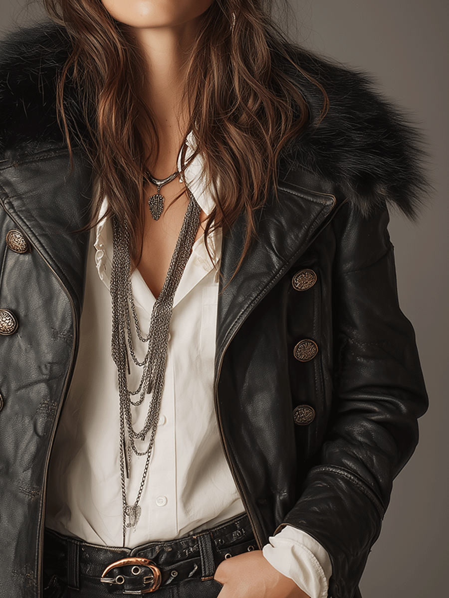 Retro Military Leather Faux Fur Collar Black Leather Longline Jacket