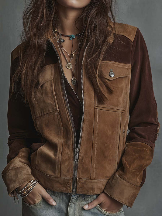 Vintage Suede Patchwork Jacket With Zipper Closure