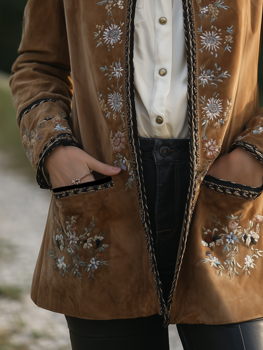 Vintage Floral Embroidered Crew Neck Eco-friendly Suede Jacket