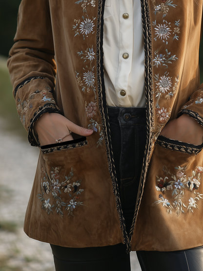 Vintage Floral Embroidered Crew Neck Eco-friendly Suede Jacket