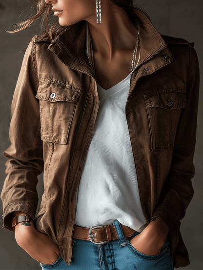 Retro Casual Military-Inspired Brown Cotton Jacket