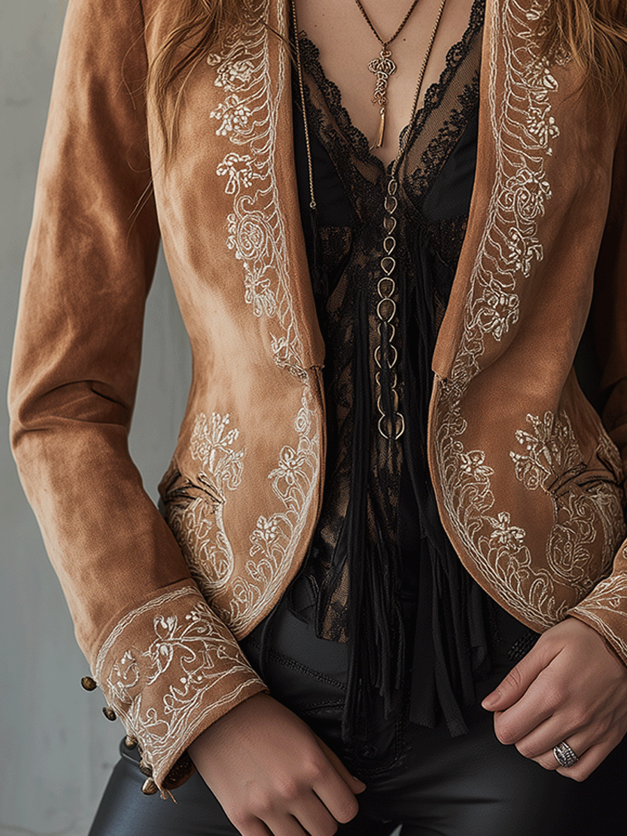 Boho Chic Caramel Embroidered Velvet Jacket