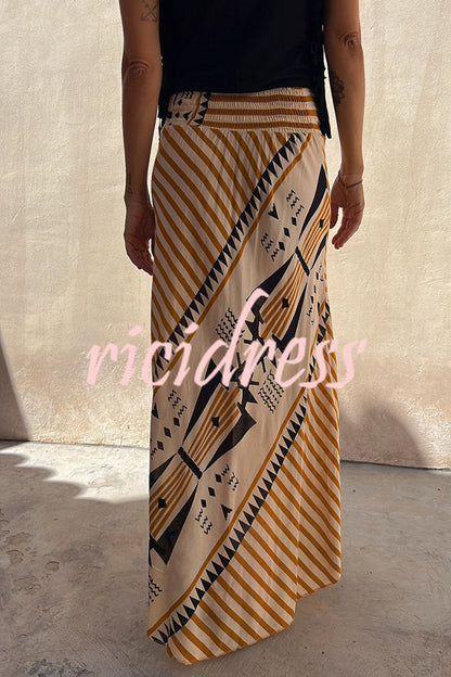 Eva Satin Geometric Print Elastic Waist Maxi Skirt