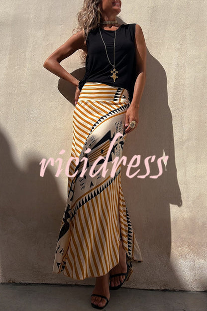 Eva Satin Geometric Print Elastic Waist Maxi Skirt