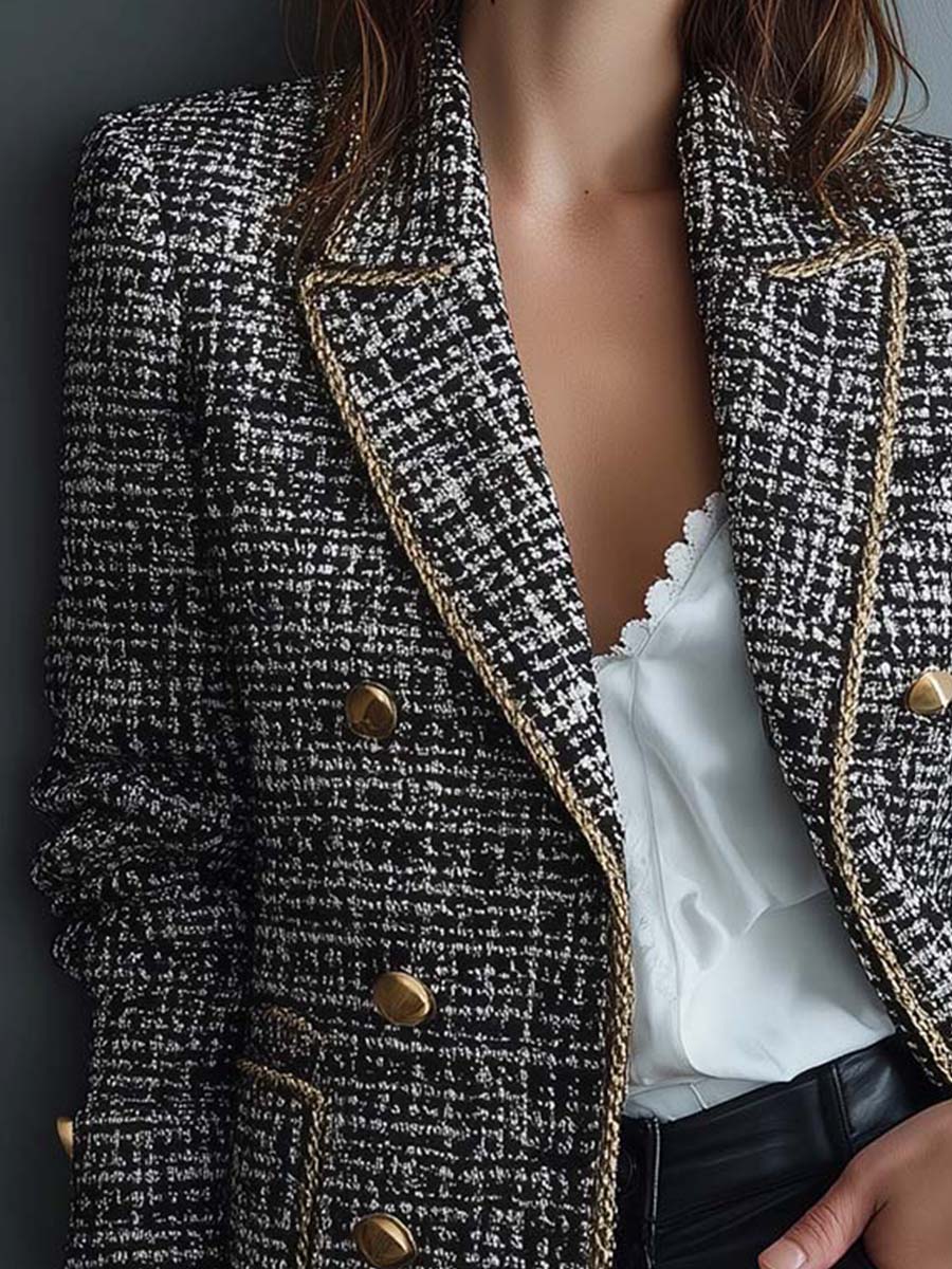 Tweed Double-Breasted Blazer With Gold Trim