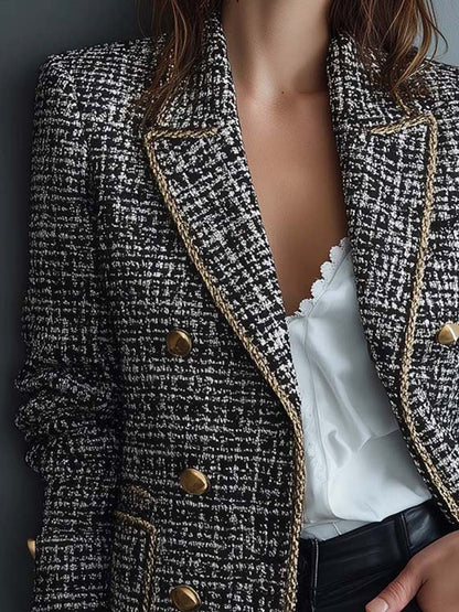 Tweed Double-Breasted Blazer With Gold Trim