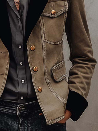 Vintage Utility Khaki Blazer With Black Contrast Lapel