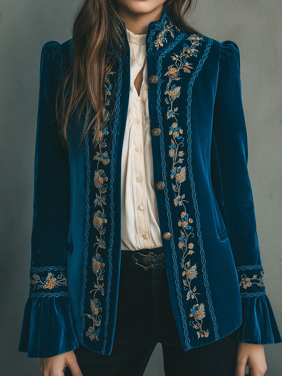 Vintage Floral Velvet Embroidered Blazer Jacket With Ruffle Cuffs