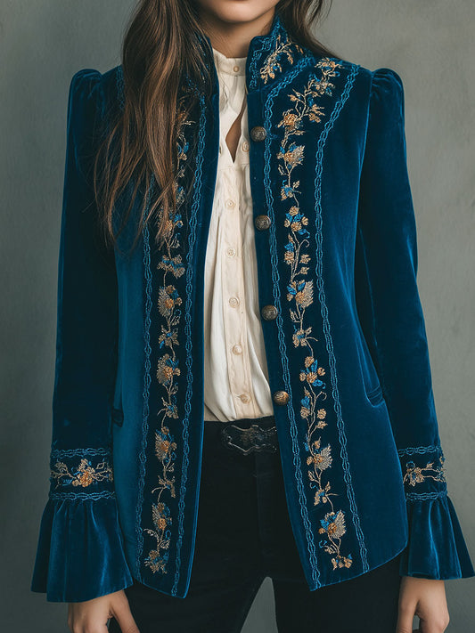 Vintage Floral Velvet Embroidered Blazer Jacket With Ruffle Cuffs