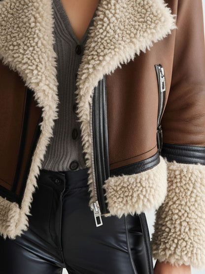 Vintage Brown Eco Leather Shearling Biker Jacket