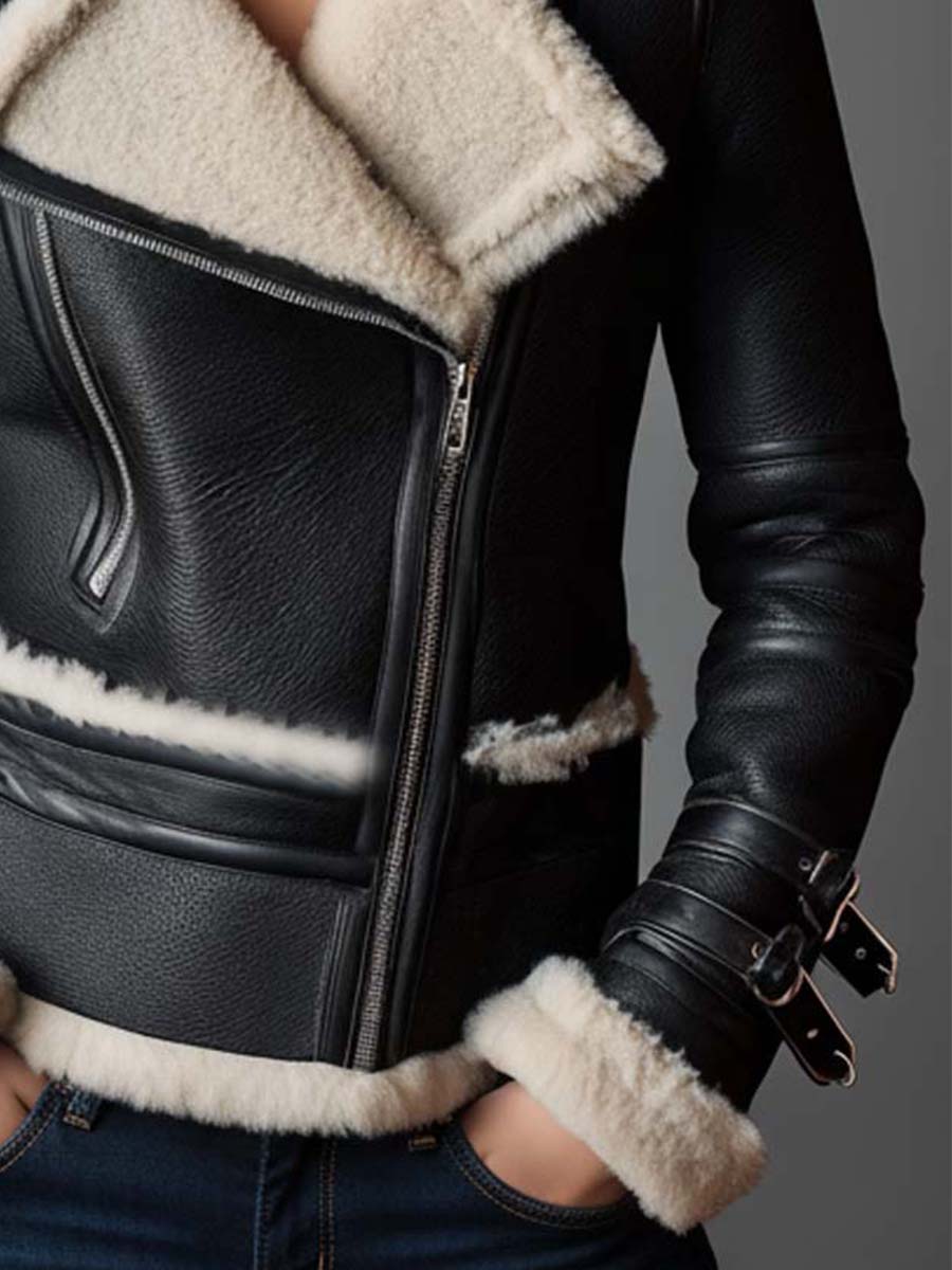 Faux Shearling Biker Jacket With Belted Cuffs