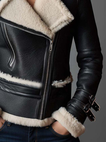 Faux Shearling Biker Jacket With Belted Cuffs