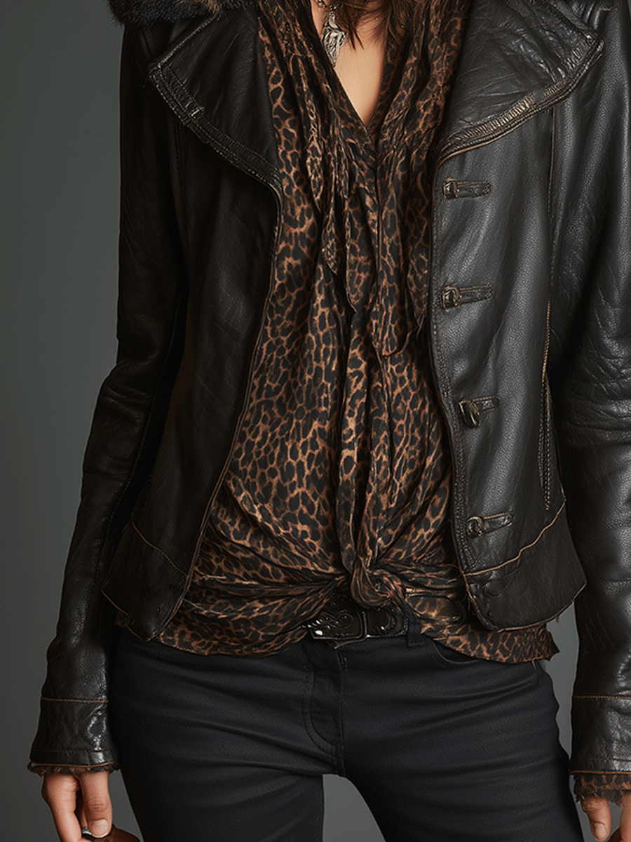 Retro Chic Black Leather Faux Fur Trim Jacket