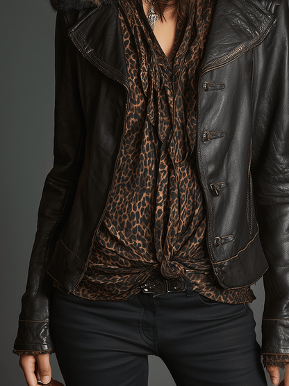 Retro Chic Black Leather Faux Fur Trim Jacket