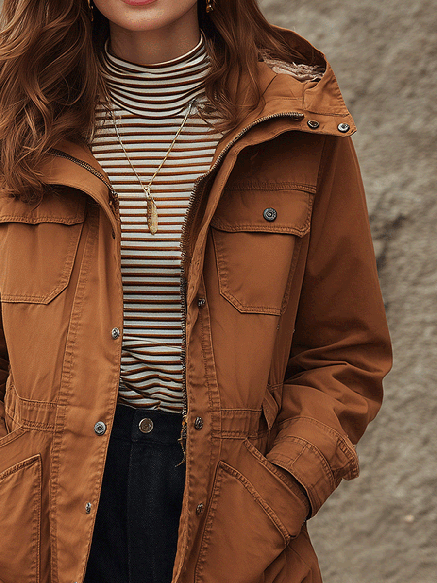 Retro Outdoor-Inspired Brown Utility Jacket